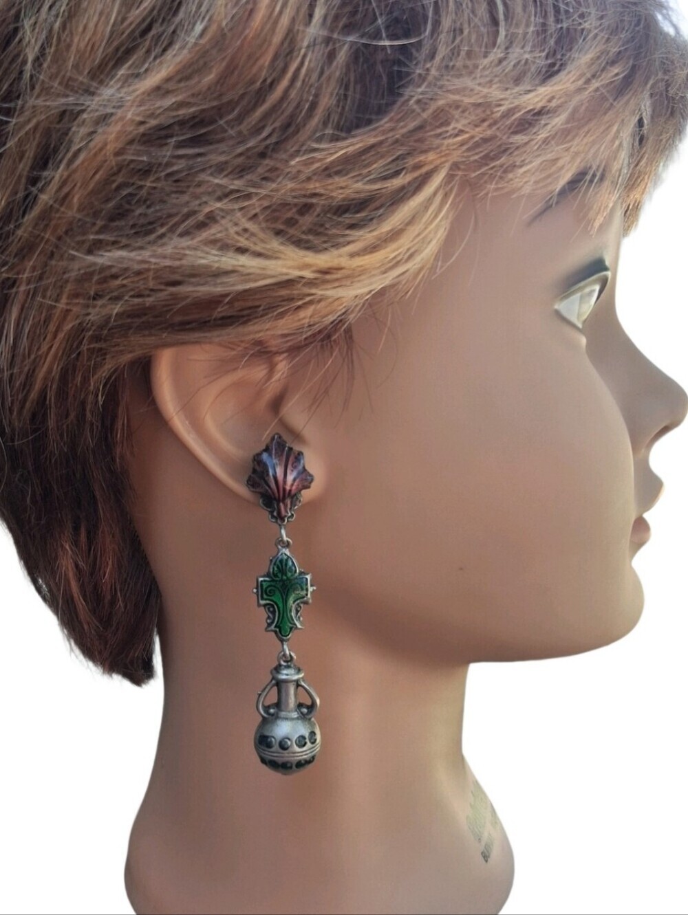 VTG Don-Lin Enamel Amphora Urn Drop Earrings Whimsigoth Dark Academia Gothic